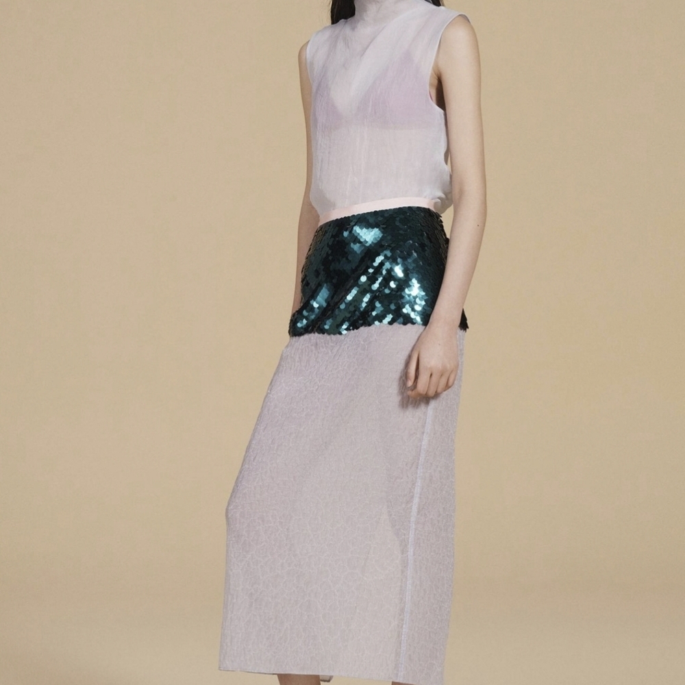 Zara Green Sequin and White Midi Skirt